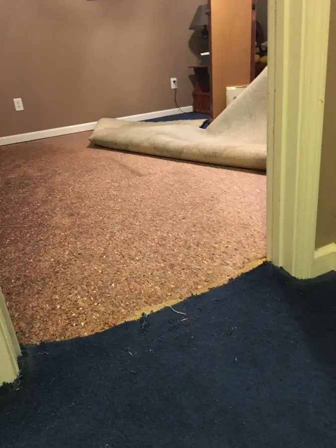 Carpet pad removal revealing water damage during Water Mitigation Services in Silver Spring